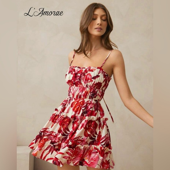 SHEIN Dresses & Skirts - SHEIN Red Pink Cream Tropical Print Ruffle Mini Sundress Sz Medium New With Tags